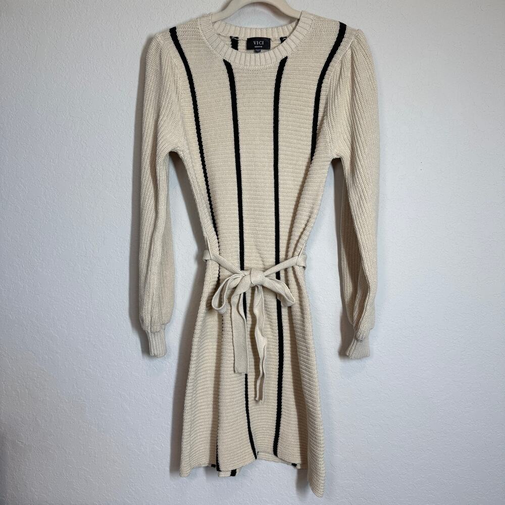 Women's Vici‎ Black and Cream Striped Sweater Dress with Tie Waist Size Medium